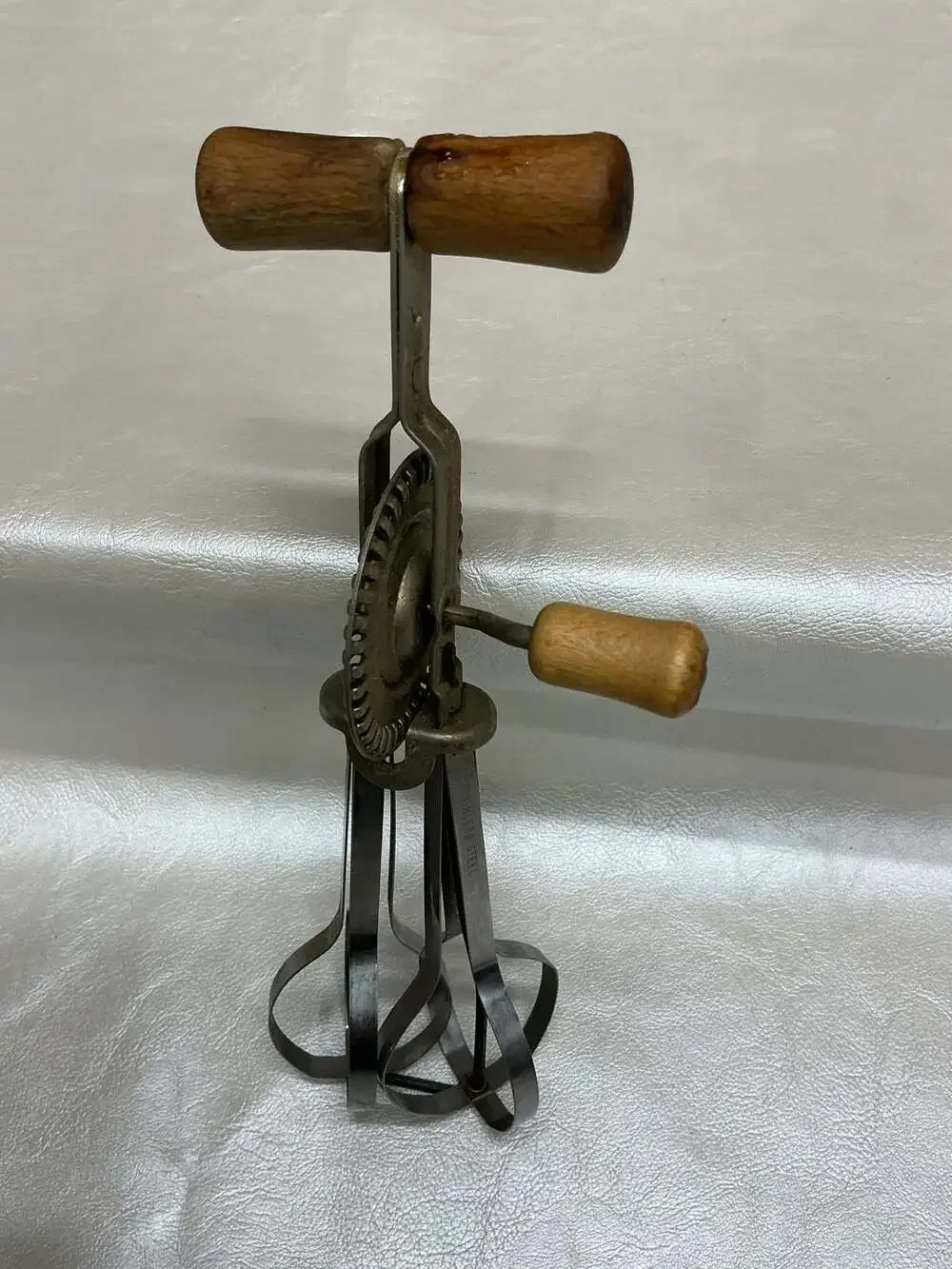 Vintage Stainless Steel Hand Crank Egg Beater Mixer with Wooden Handles